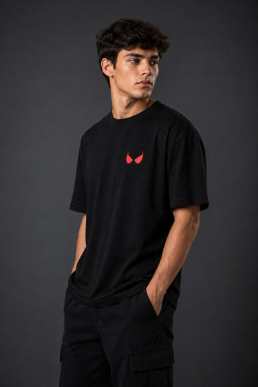 POPCASE Spiderman black oversized t shirt with red spider back logo and eye graphic front premium cotton streetwear