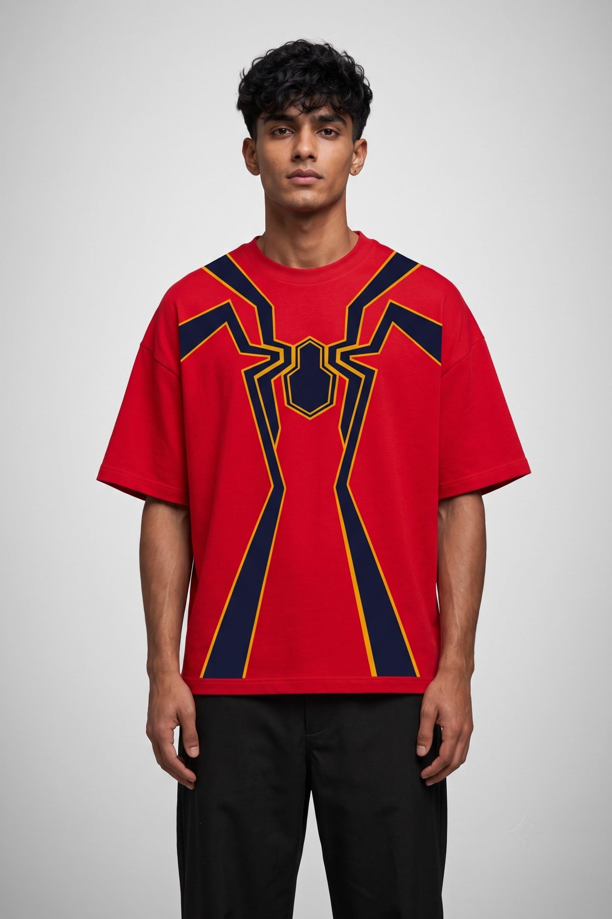 Red oversized tshirt with Iron Spider-Man full suit print dark navy spider logo and geometric weblines on chest, drop shoulder boxy fit, men India