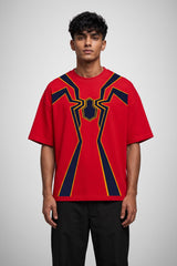 Red oversized tshirt with Iron Spider-Man full suit print dark navy spider logo and geometric weblines on chest, drop shoulder boxy fit, men India