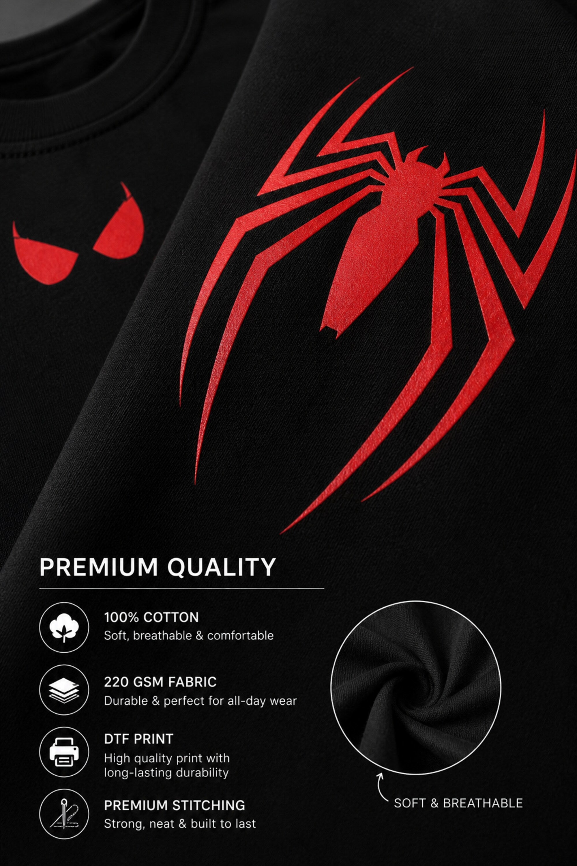 POPCASE Spiderman black oversized t shirt with red spider back logo and eye graphic front premium cotton streetwear