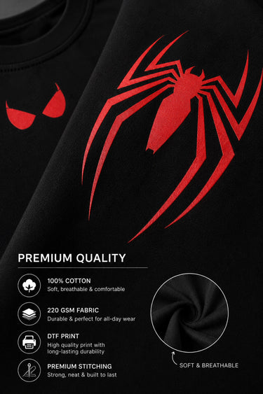 POPCASE Spiderman black oversized t shirt with red spider back logo and eye graphic front premium cotton streetwear