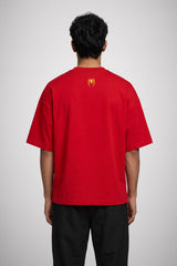 Red oversized tshirt with Iron Spider-Man full suit print dark navy spider logo and geometric weblines on chest, drop shoulder boxy fit, men India