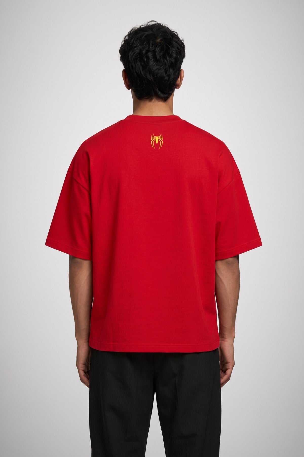 Red oversized tshirt with Iron Spider-Man full suit print dark navy spider logo and geometric weblines on chest, drop shoulder boxy fit, men India