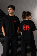 POPCASE Spiderman black oversized t shirt with red spider back logo and eye graphic front premium cotton streetwear