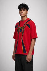 Red oversized tshirt with Iron Spider-Man full suit print dark navy spider logo and geometric weblines on chest, drop shoulder boxy fit, men India