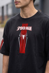 Black oversized tshirt with SPIDER-MAN text and red spider cross icon on chest and red sleeve panels, drop shoulder boxy fit, men India