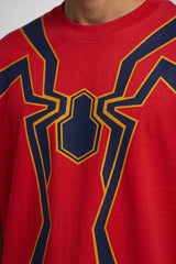 Red oversized tshirt with Iron Spider-Man full suit print dark navy spider logo and geometric weblines on chest, drop shoulder boxy fit, men India