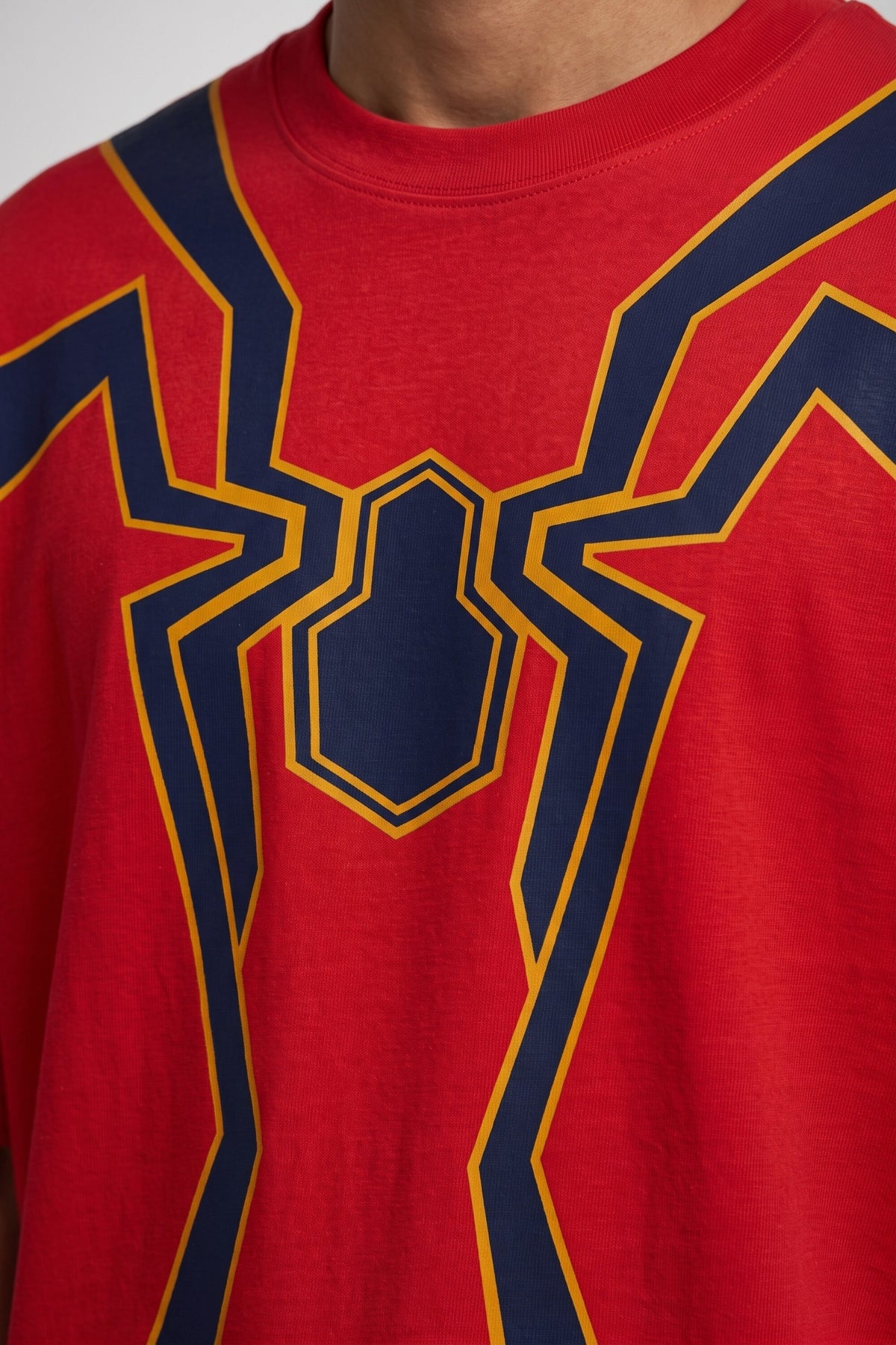 Red oversized tshirt with Iron Spider-Man full suit print dark navy spider logo and geometric weblines on chest, drop shoulder boxy fit, men India