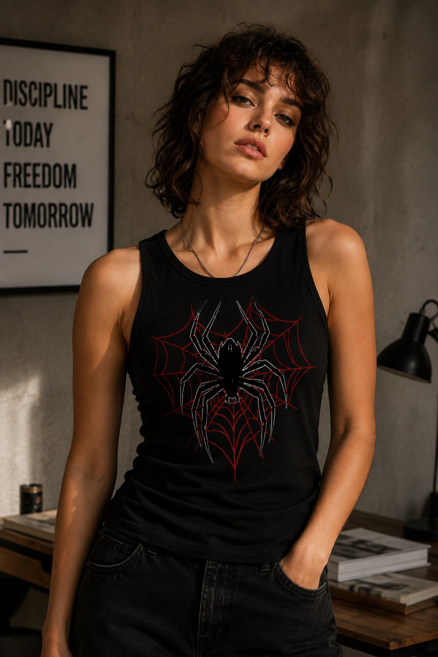 Black premium cotton crop tank top with Spider-Man web graphic DTF print alt aesthetic superhero streetwear women fitted sleeveless