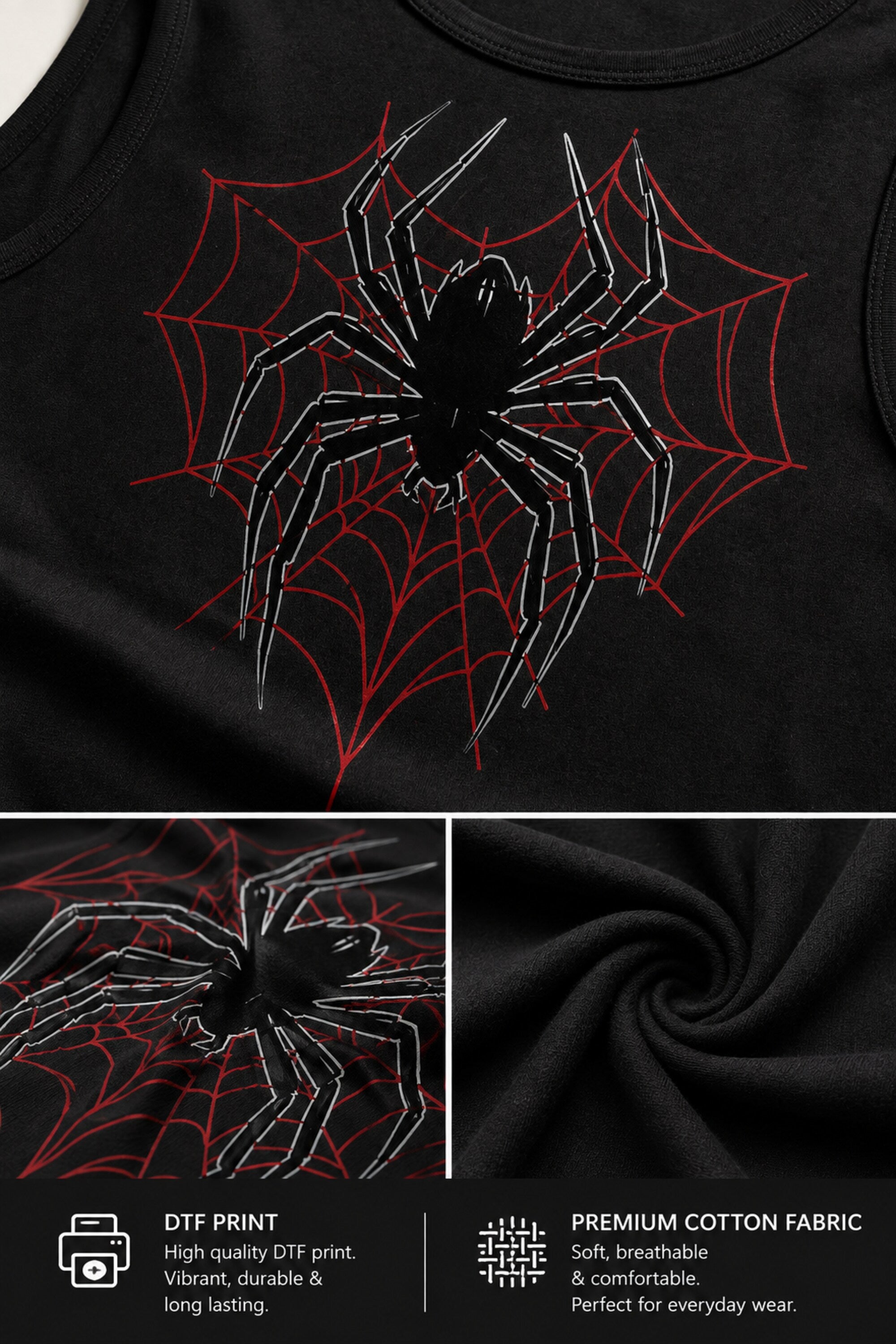 Black premium cotton crop tank top with Spider-Man web graphic DTF print alt aesthetic superhero streetwear women fitted sleeveless