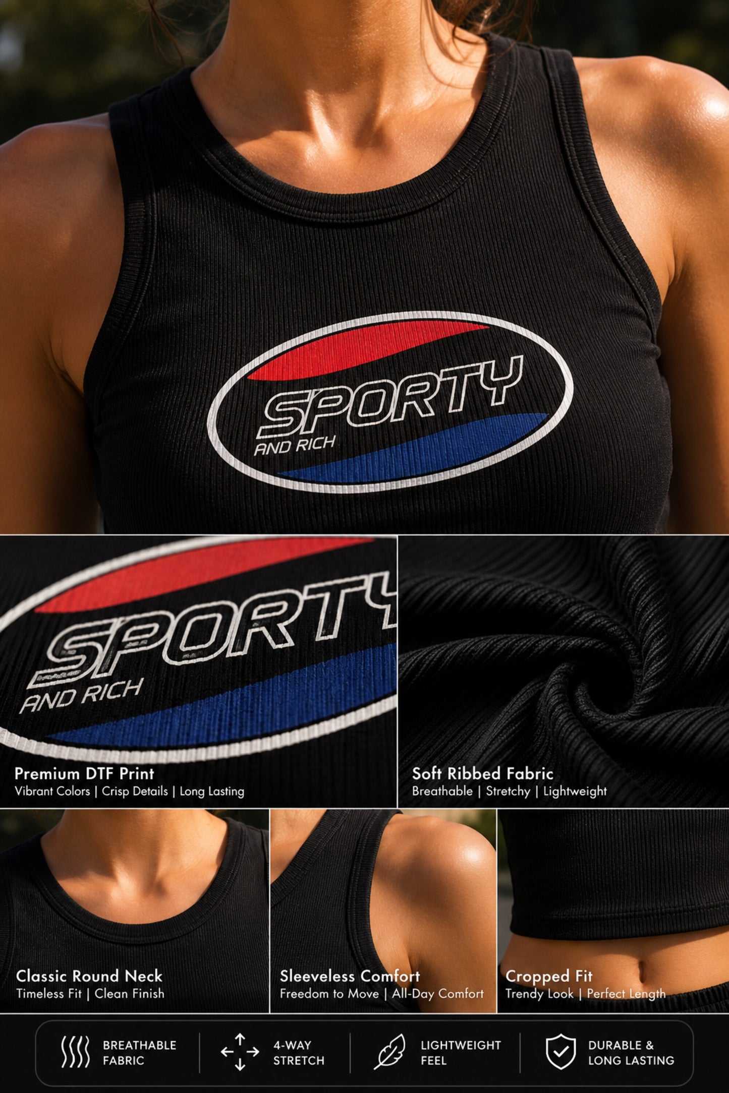 Ribbed crop tank top with Sporty and Rich DTF print premium quality streetwear