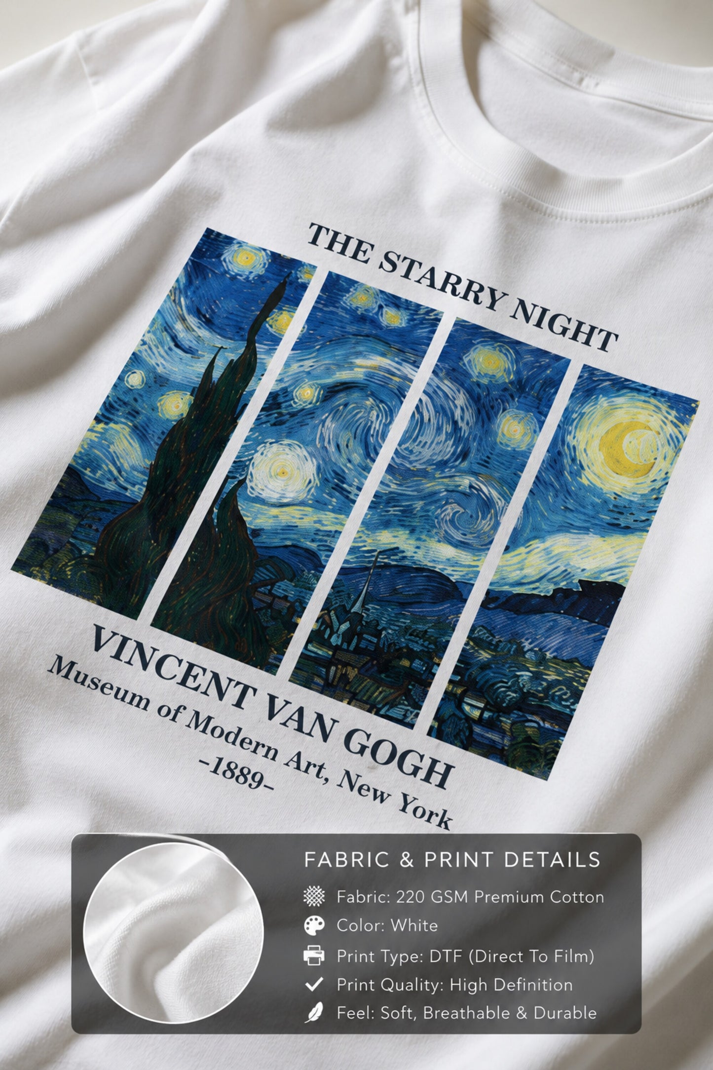 White t-shirt with 'The Starry Night' design by Vincent Van Gogh, featuring text and a fabric & print details overlay.