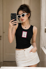 Black fitted ribbed crop tank top In A World Full Of Berries Be A Strawberry postage stamp pink graphic POPCASE women Gen Z