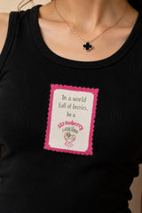 Black fitted ribbed crop tank top In A World Full Of Berries Be A Strawberry postage stamp pink graphic POPCASE women Gen Z