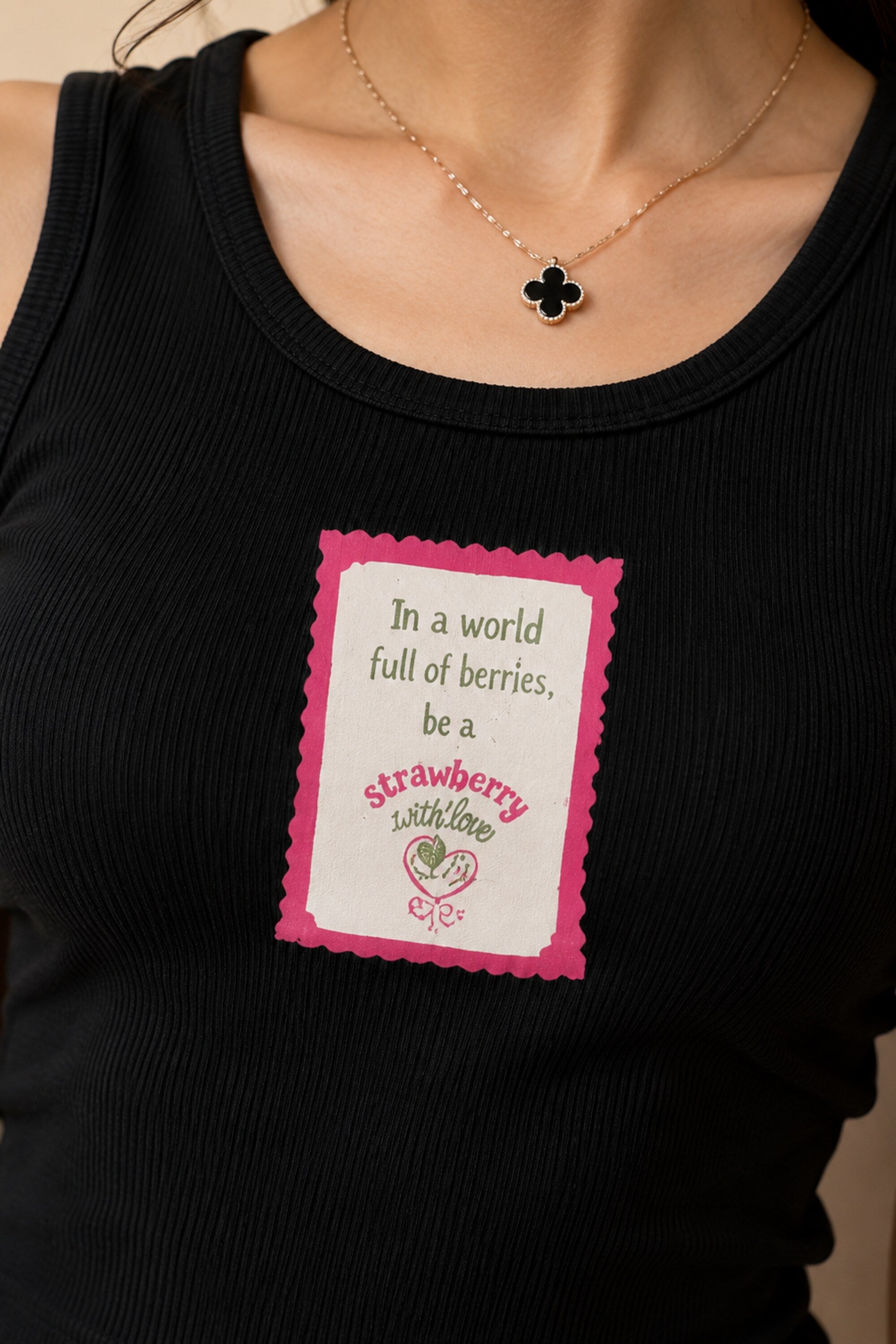 Black fitted ribbed crop tank top In A World Full Of Berries Be A Strawberry postage stamp pink graphic POPCASE women Gen Z