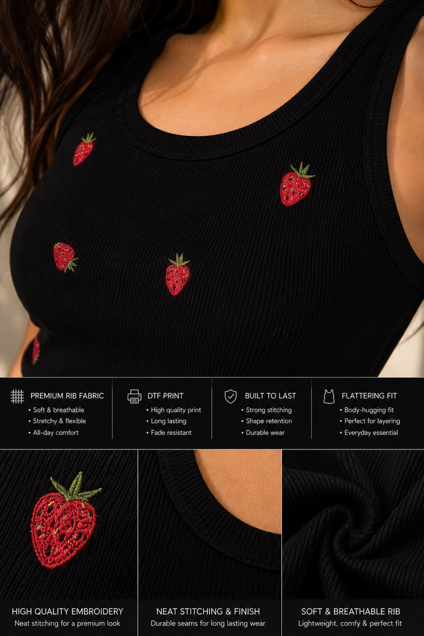 Black ribbed crop tank top with red strawberry embroidery detail coquette aesthetic cute women fitted sleeveless top for summer