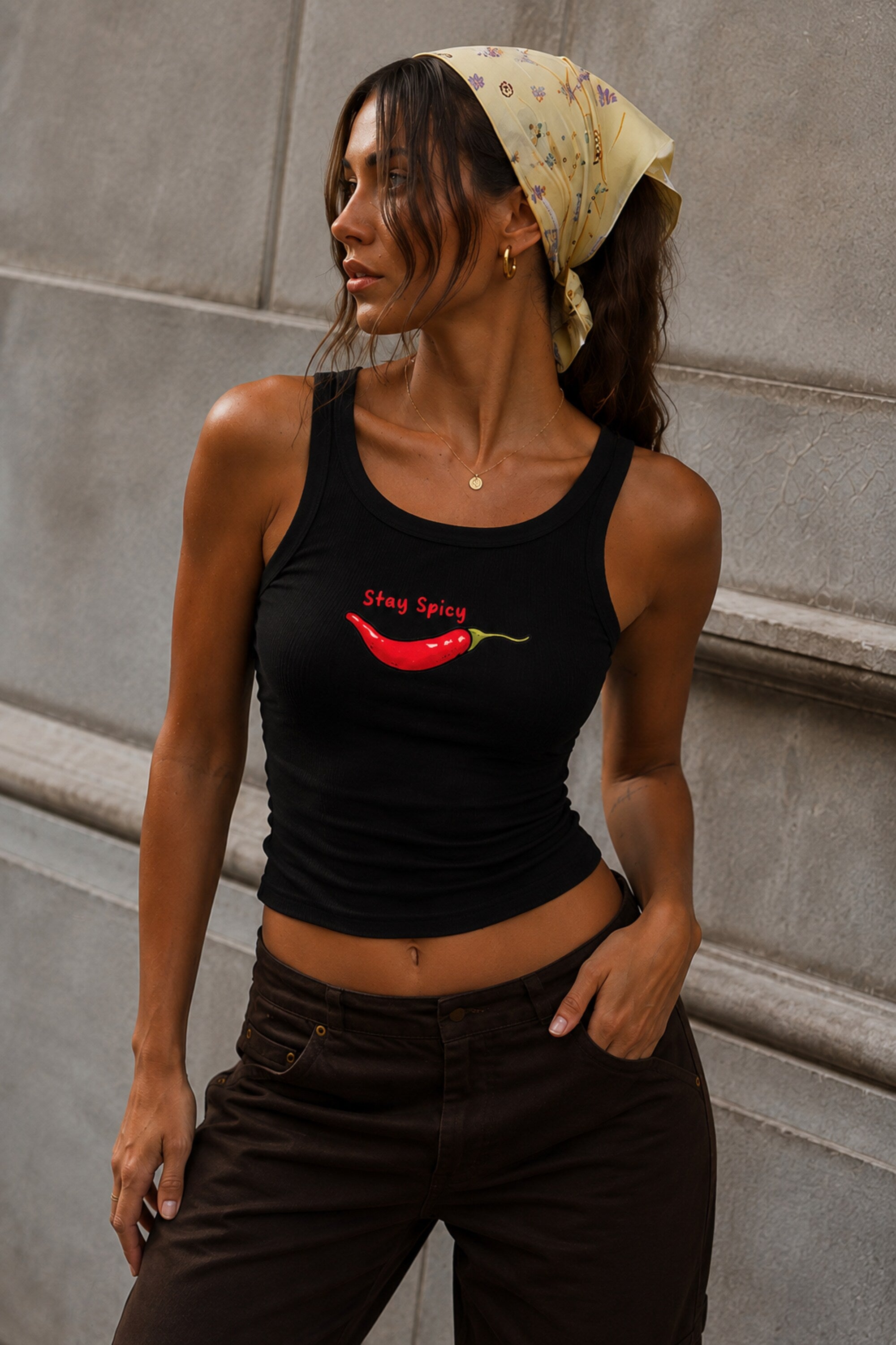 Black fitted ribbed crop tank top Stay Spicy bold front graphic print hot girl confidence Gen Z aesthetic POPCASE women - black