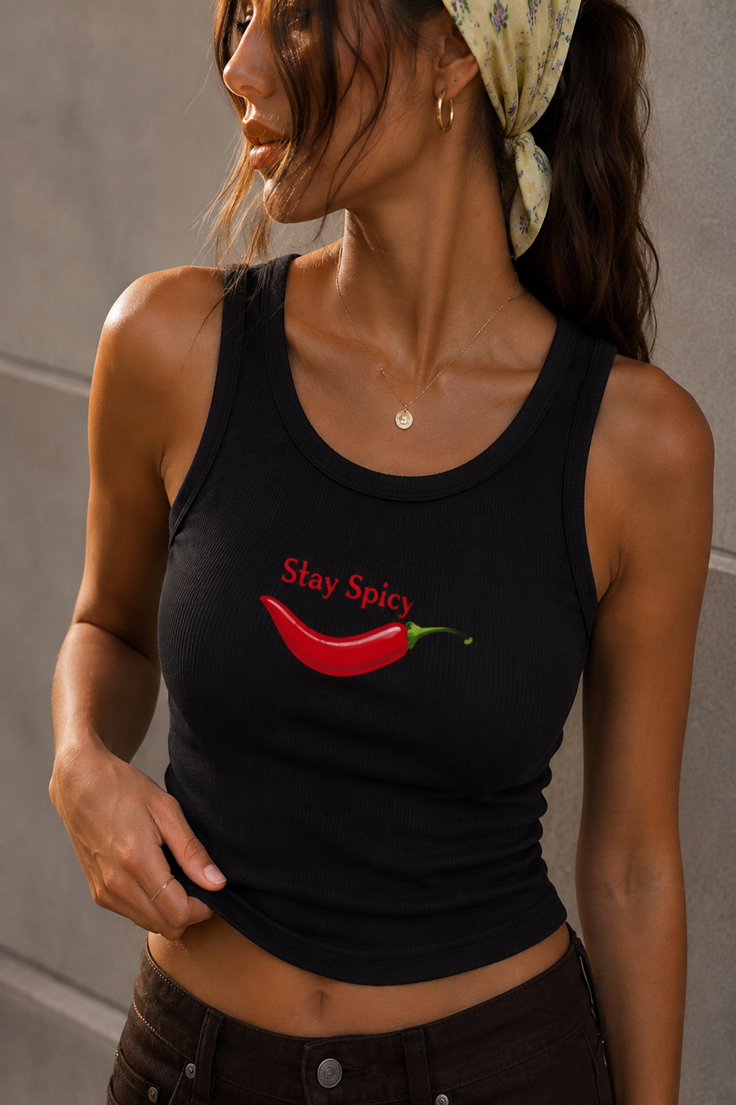 Black fitted ribbed crop tank top Stay Spicy bold front graphic print hot girl confidence Gen Z aesthetic POPCASE women