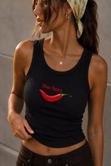Black fitted ribbed crop tank top Stay Spicy bold front graphic print hot girl confidence Gen Z aesthetic POPCASE women