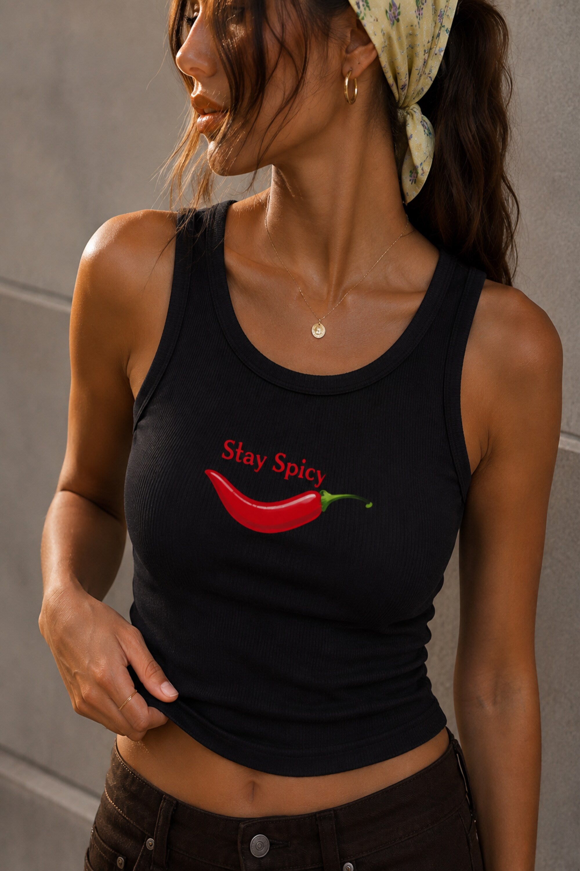 Black fitted ribbed crop tank top Stay Spicy bold front graphic print hot girl confidence Gen Z aesthetic POPCASE women