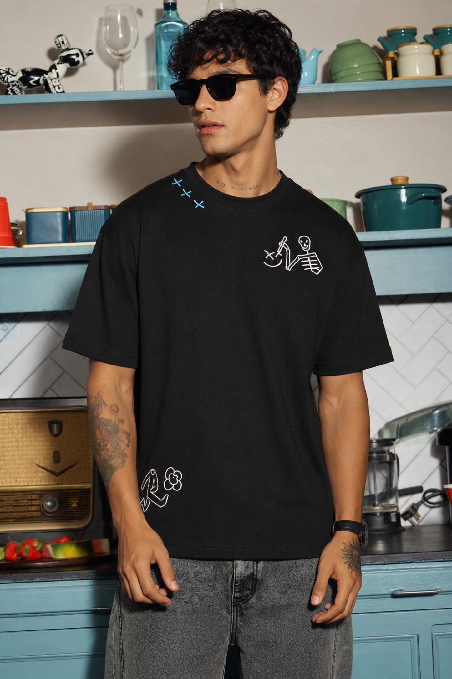 POPCASE Stay Weird black oversized graphic t shirt with skeleton guitarist and graffiti print streetwear