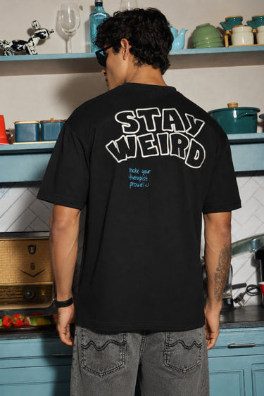 POPCASE Stay Weird black oversized graphic t shirt with skeleton guitarist and graffiti print streetwear