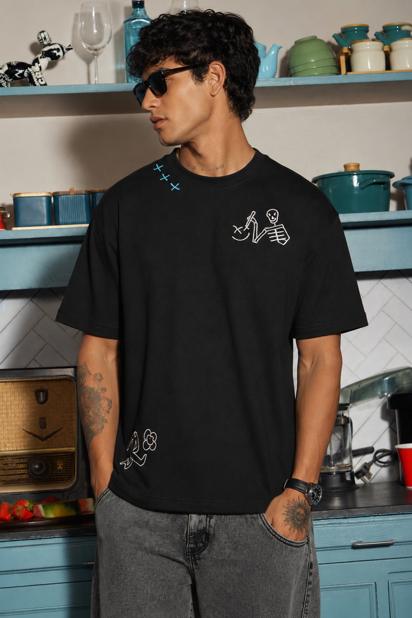 POPCASE Stay Weird black oversized graphic t shirt with skeleton guitarist and graffiti print streetwear