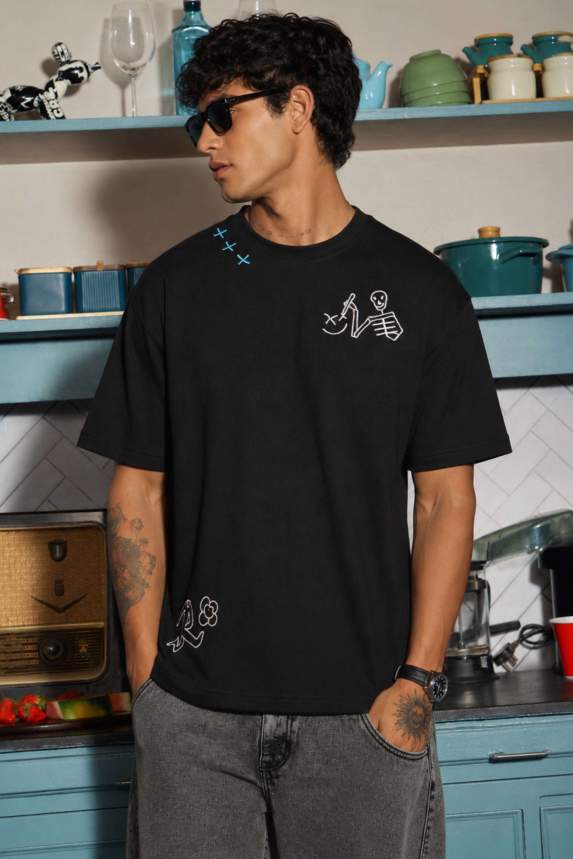 POPCASE Stay Weird black oversized graphic t shirt with skeleton guitarist and graffiti print streetwear
