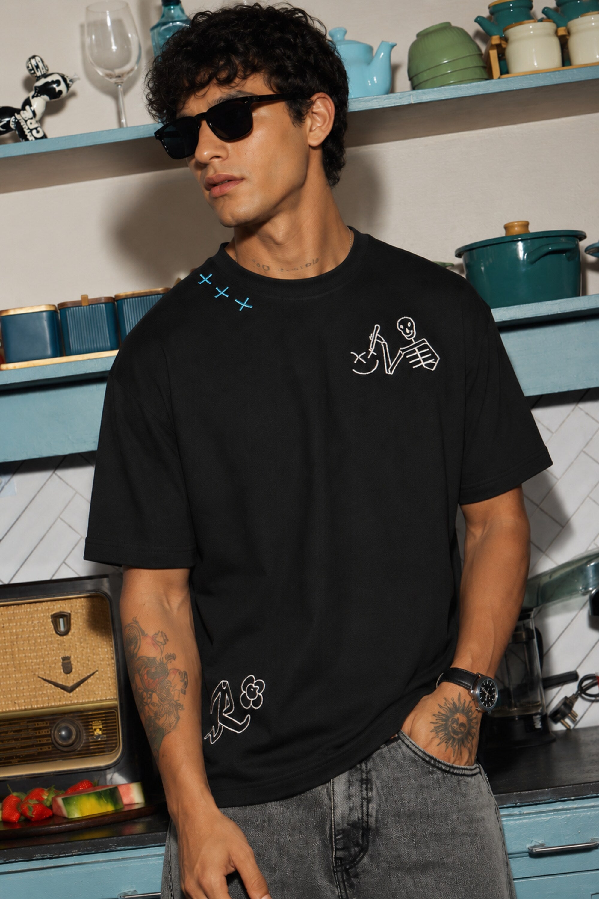 POPCASE Stay Weird black oversized graphic t shirt with skeleton guitarist and graffiti print streetwear