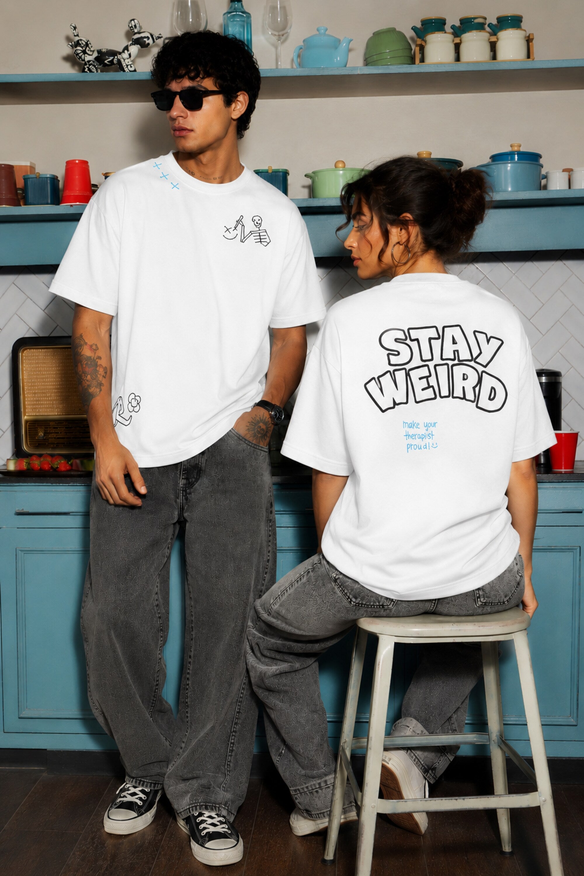 POPCASE Stay Weird black oversized graphic t shirt with skeleton guitarist and graffiti print streetwear - white