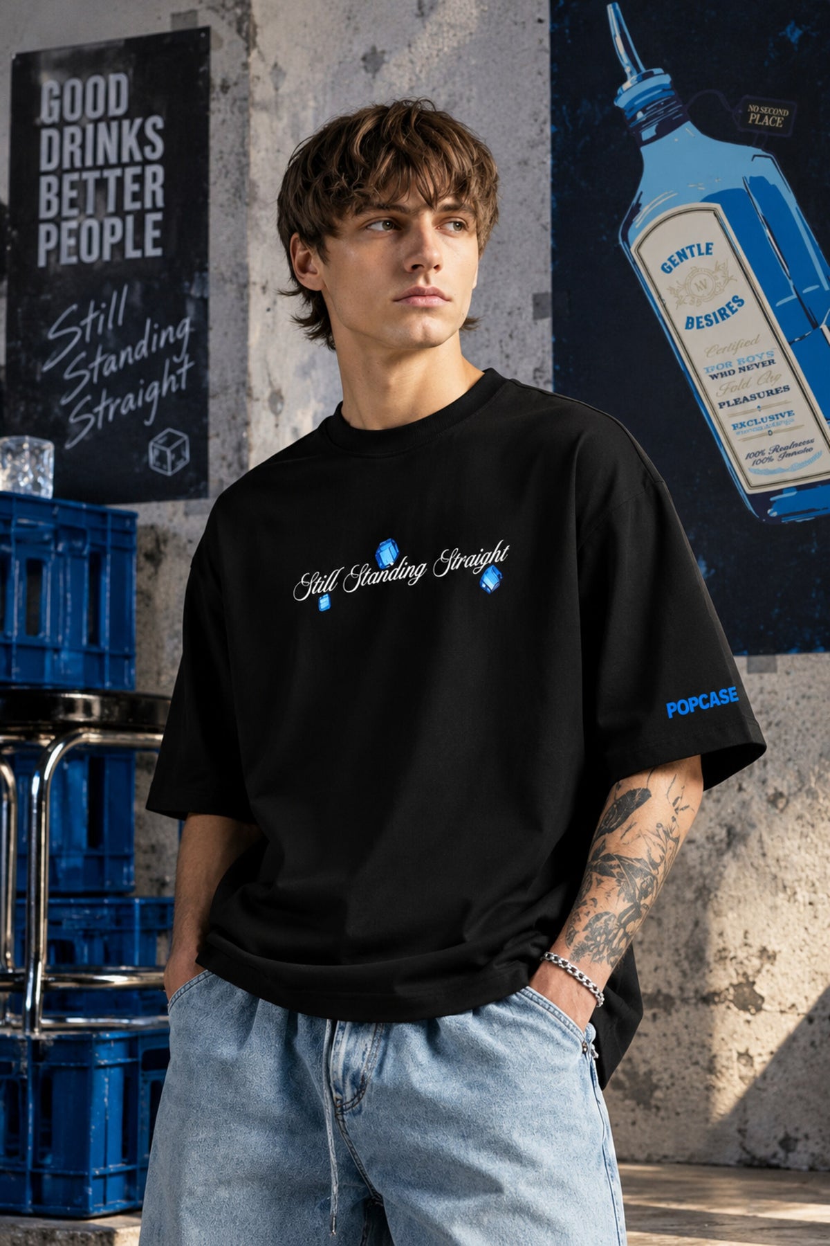 Black oversized tshirt with Still Standing Straight white cursive script and blue accent on chest, drop shoulder boxy fit, men India