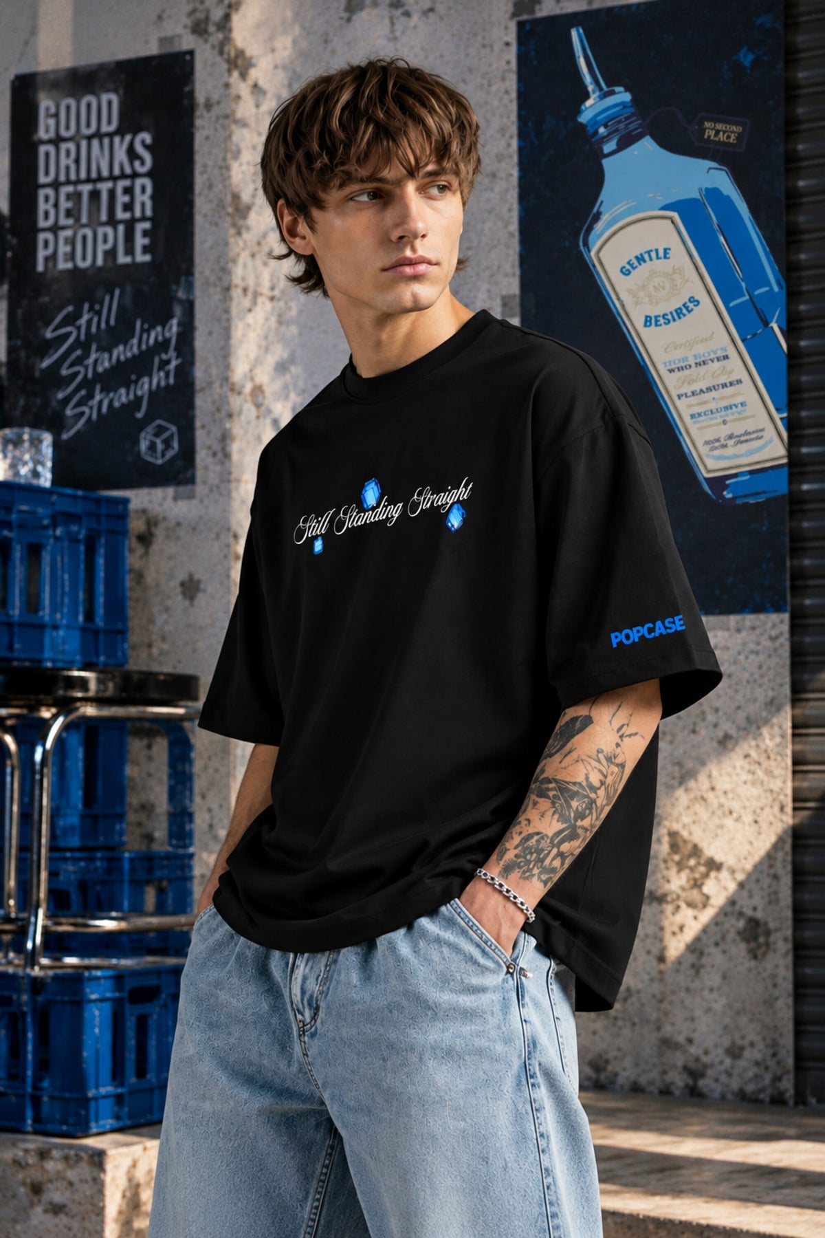 Black oversized tshirt with Still Standing Straight white cursive script and blue accent on chest, drop shoulder boxy fit, men India