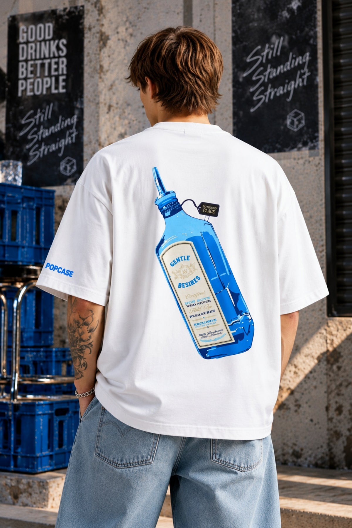 Black oversized tshirt with Still Standing Straight white cursive script and blue accent on chest, drop shoulder boxy fit, men India