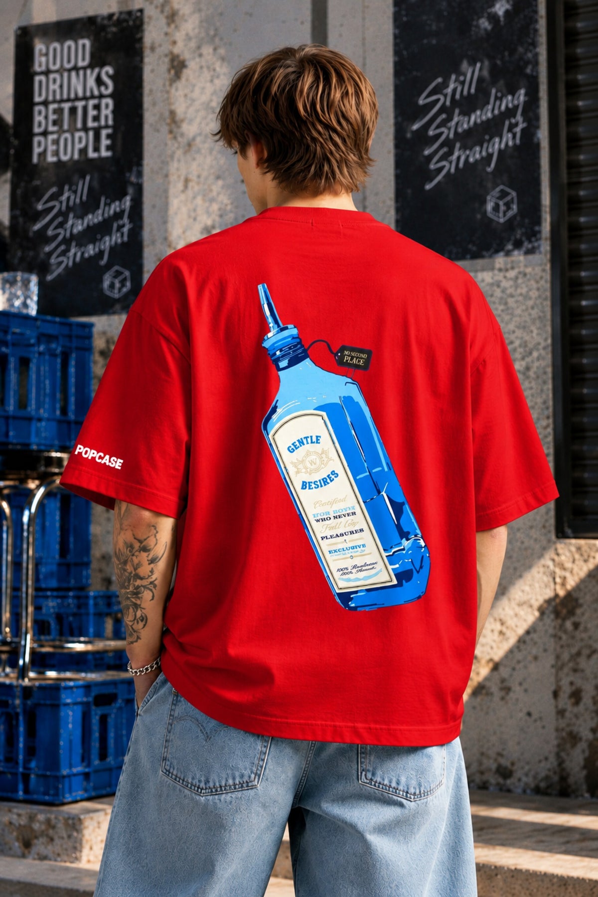 Black oversized tshirt with Still Standing Straight white cursive script and blue accent on chest, drop shoulder boxy fit, men India