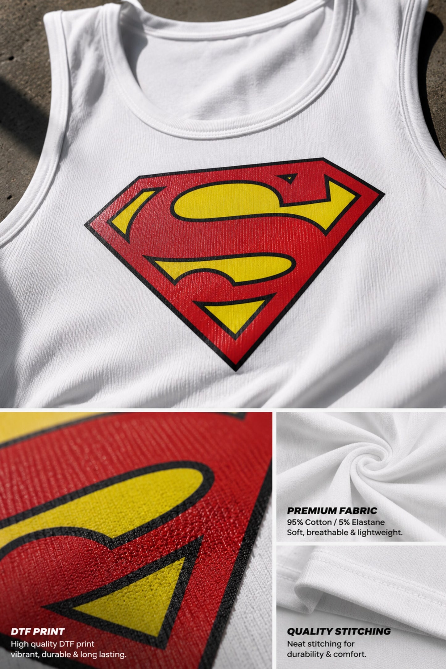 White ribbed crop tank top with classic Superman S shield logo in bold red and yellow DTF print DC Comics fan girl Y2K streetwear