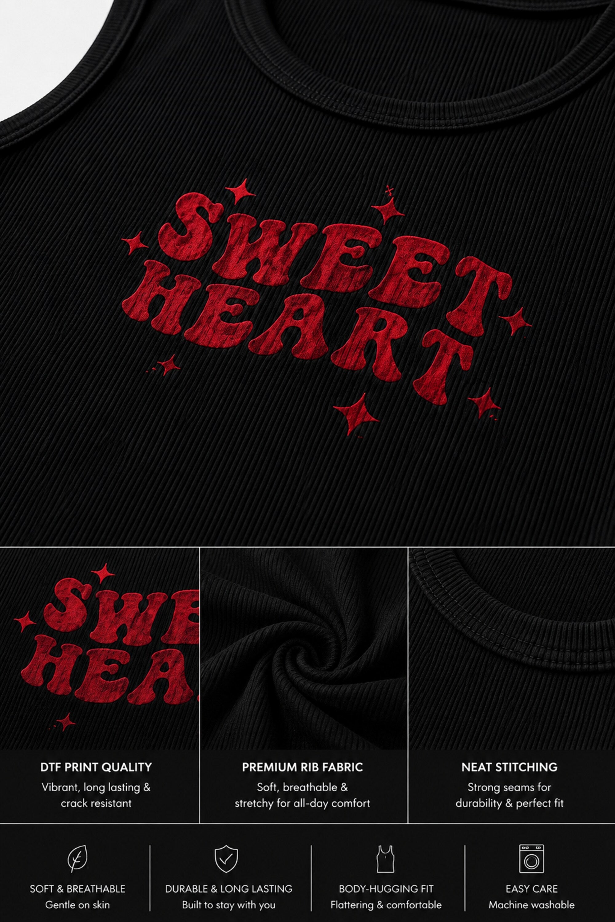 Black ribbed crop tank top with SWEET HEART bold red DTF graphic text print coquette aesthetic women fitted sleeveless summer top