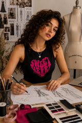Black ribbed crop tank top with INVEST IN YOUR HAPPINESS pink motivational graphic print soft girl aesthetic women sleeveless top