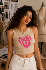Black ribbed crop tank top with INVEST IN YOUR HAPPINESS pink motivational graphic print soft girl aesthetic women sleeveless top - beige