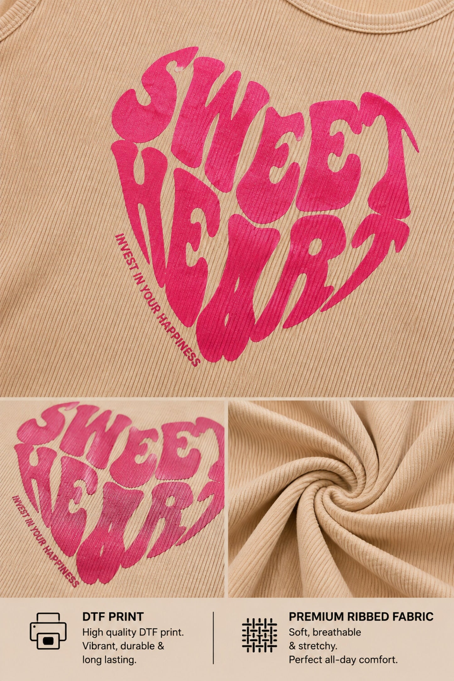 Black ribbed crop tank top with INVEST IN YOUR HAPPINESS pink motivational graphic print soft girl aesthetic women sleeveless top