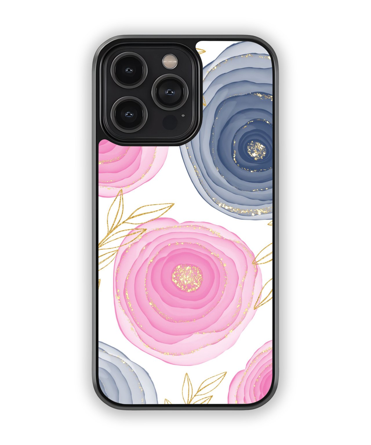 Phone case with pink floral and blue circular design on a white background