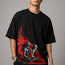 Black oversized t-shirt featuring a powerful Shiv Shakti graphic in red and grey. DTF print highlights vibrant colors and durable quality. - black