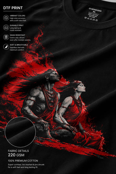 Black oversized t-shirt featuring a powerful Shiv Shakti graphic in red and grey. DTF print highlights vibrant colors and durable quality.