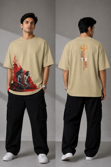 Black oversized t-shirt featuring a powerful Shiv Shakti graphic in red and grey. DTF print highlights vibrant colors and durable quality. - beige