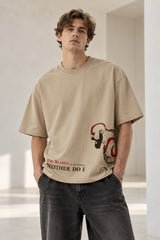 Beige oversized tshirt with red dragon The Blades text on lower chest, available in beige red black, drop shoulder boxy fit, men India - beige