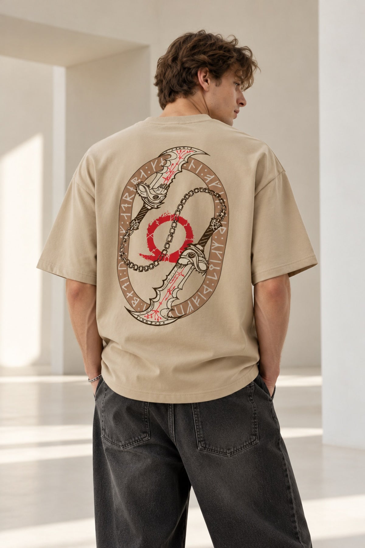 Beige oversized tshirt with red dragon The Blades text on lower chest, available in beige red black, drop shoulder boxy fit, men India