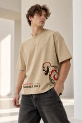 Beige oversized tshirt with red dragon The Blades text on lower chest, available in beige red black, drop shoulder boxy fit, men India