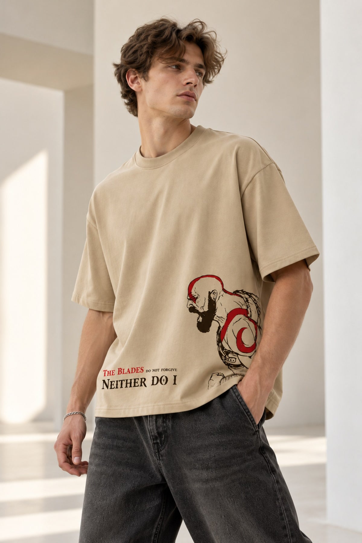 Beige oversized tshirt with red dragon The Blades text on lower chest, available in beige red black, drop shoulder boxy fit, men India