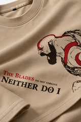 Beige oversized tshirt with red dragon The Blades text on lower chest, available in beige red black, drop shoulder boxy fit, men India