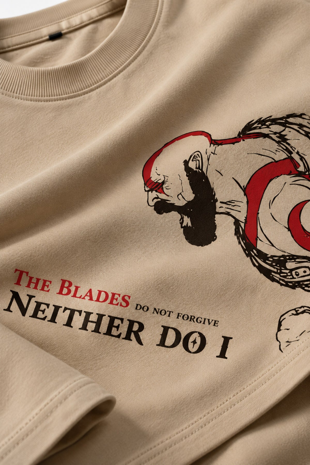 Beige oversized tshirt with red dragon The Blades text on lower chest, available in beige red black, drop shoulder boxy fit, men India