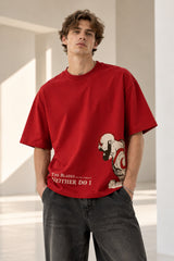 Beige oversized tshirt with red dragon The Blades text on lower chest, available in beige red black, drop shoulder boxy fit, men India - red